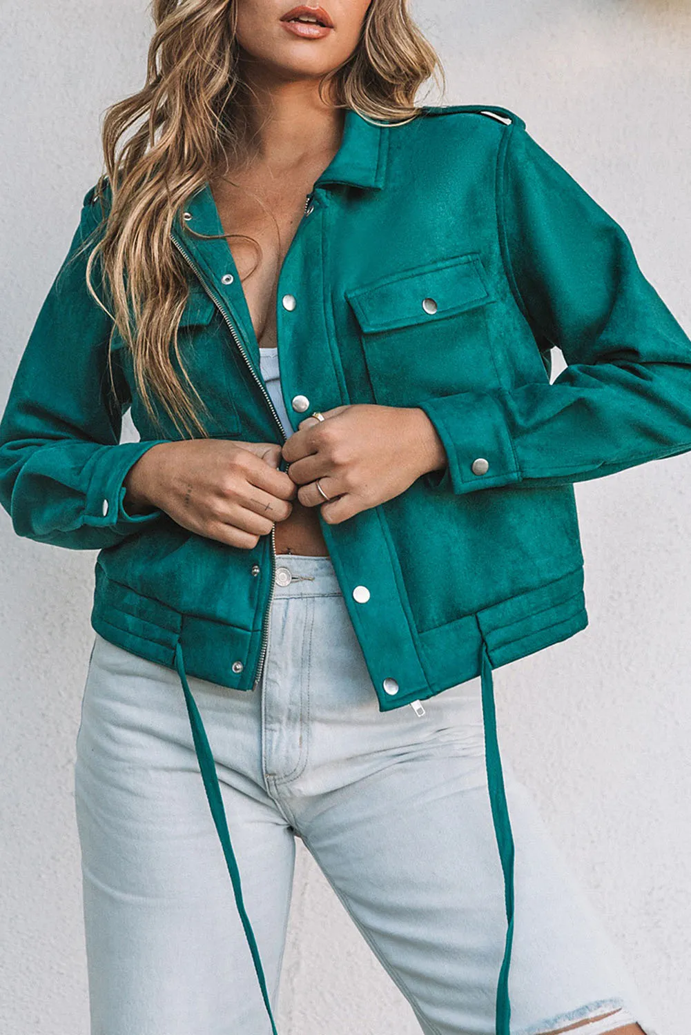 Green Faux Suede Button Down Cropped Jacket