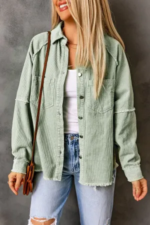 Green Frayed Boyfriend Corduroy Shacket