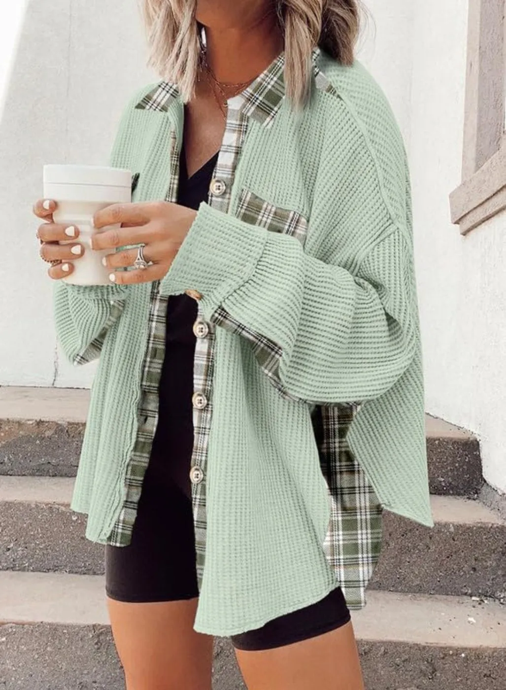 Heartfelt Waffle Knit Plaid Shacket Jacket