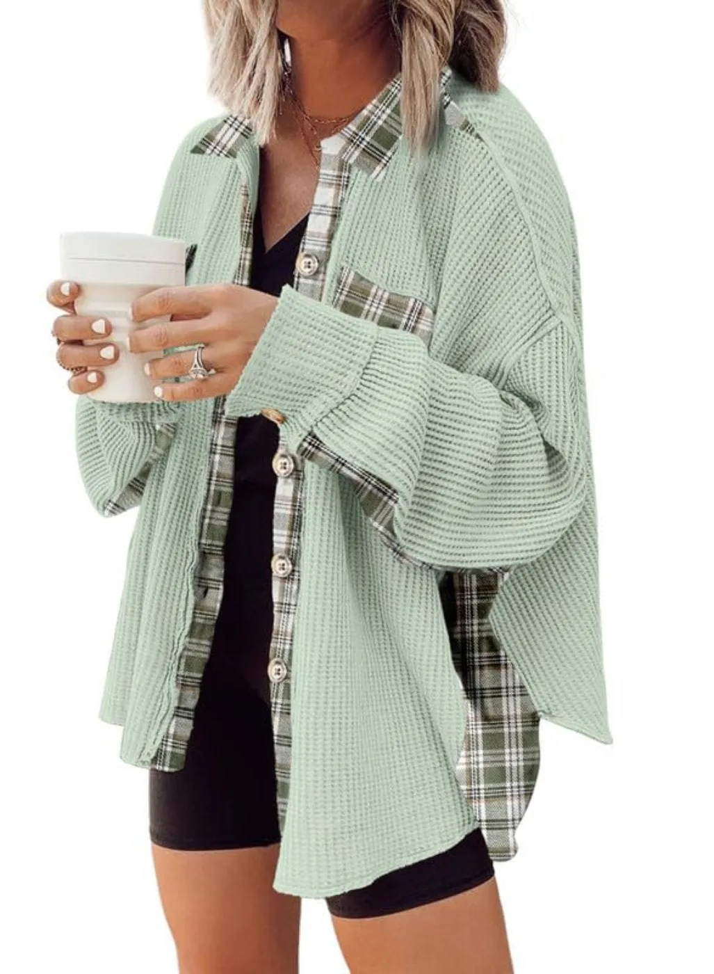 Heartfelt Waffle Knit Plaid Shacket Jacket