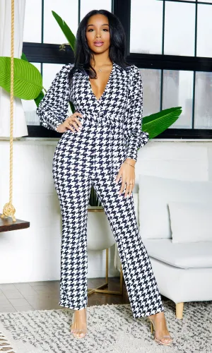 Houndstooth Belted Jumpsuit