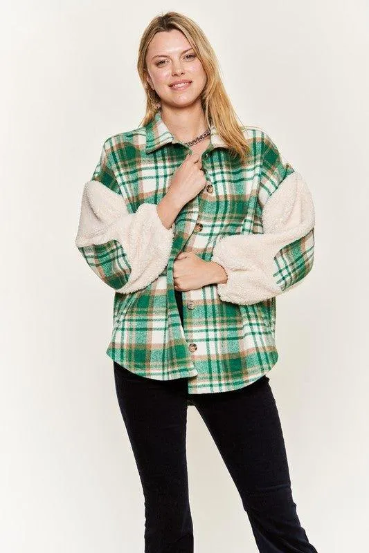 Jade by Jane Plaid Teddy Sleeve Shacket