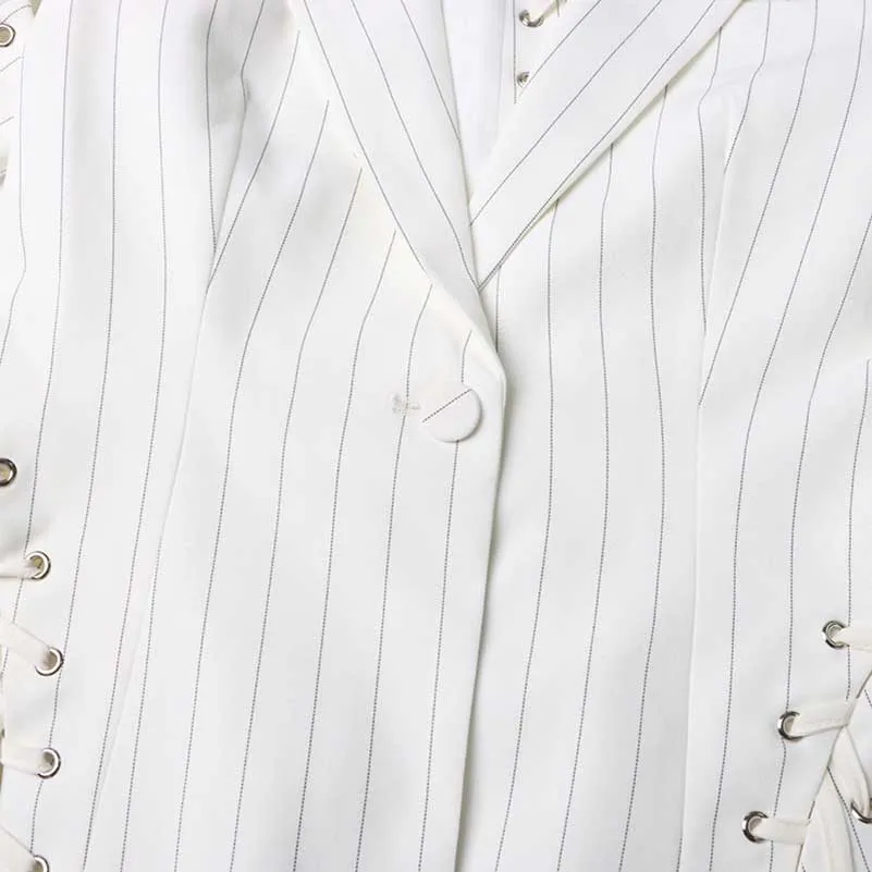 Lace Up White Striped Print Lapel Collar Single Breasted Tailored Blazer