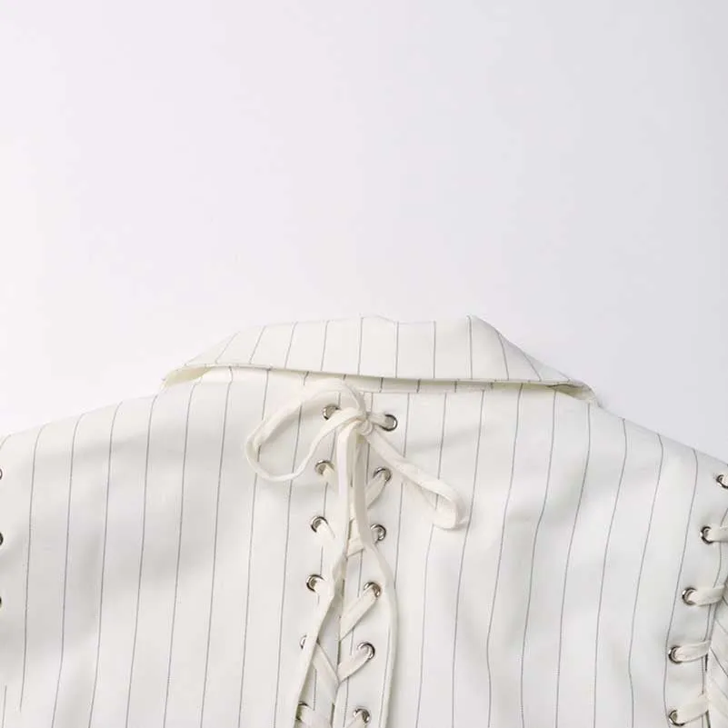 Lace Up White Striped Print Lapel Collar Single Breasted Tailored Blazer