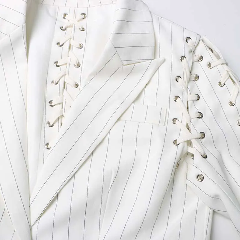 Lace Up White Striped Print Lapel Collar Single Breasted Tailored Blazer