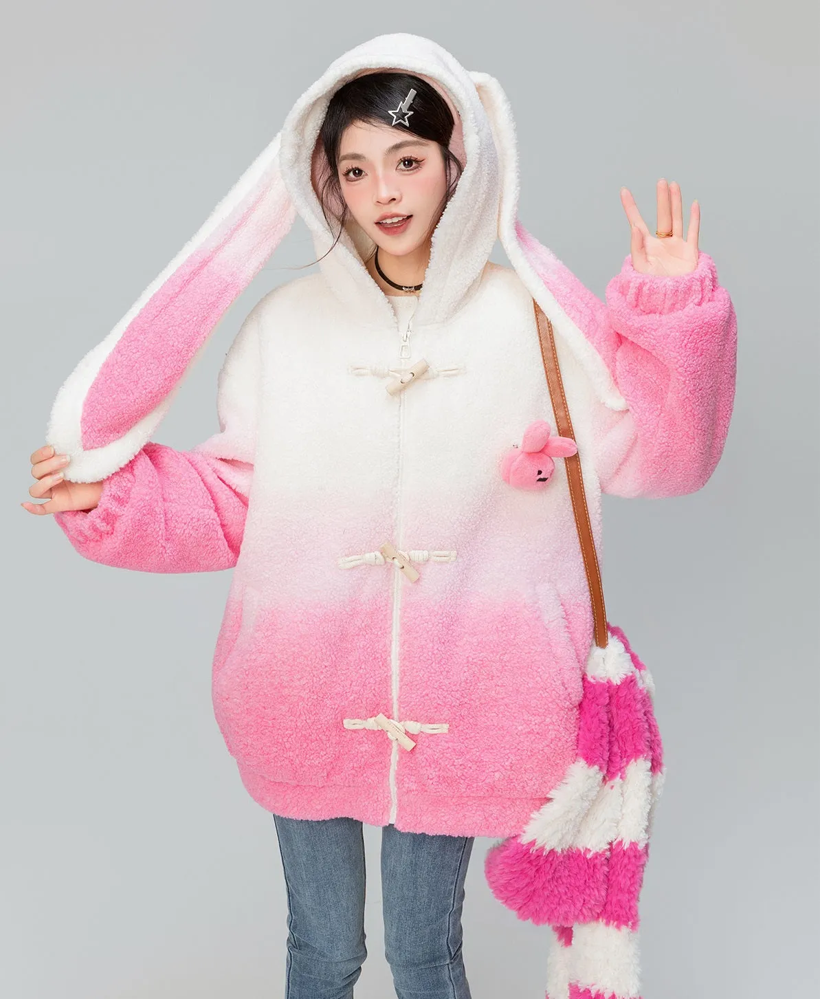 Lamb Gradient Pink White Hooded Jacket Winter Coat