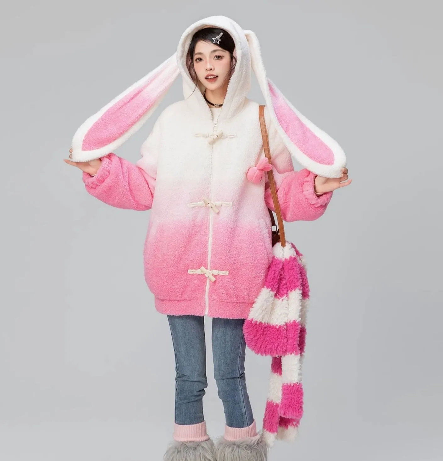 Lamb Gradient Pink White Hooded Jacket Winter Coat