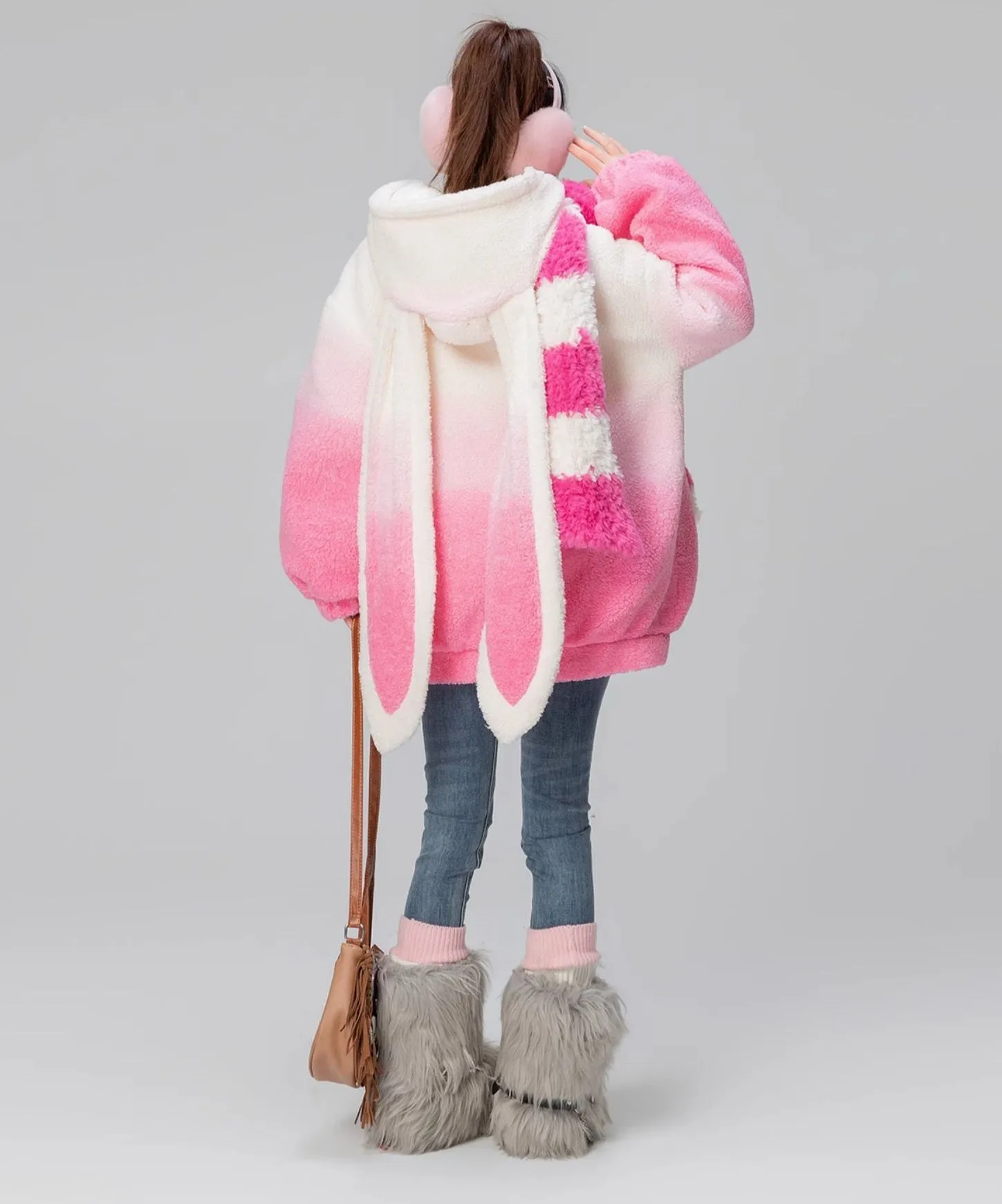 Lamb Gradient Pink White Hooded Jacket Winter Coat