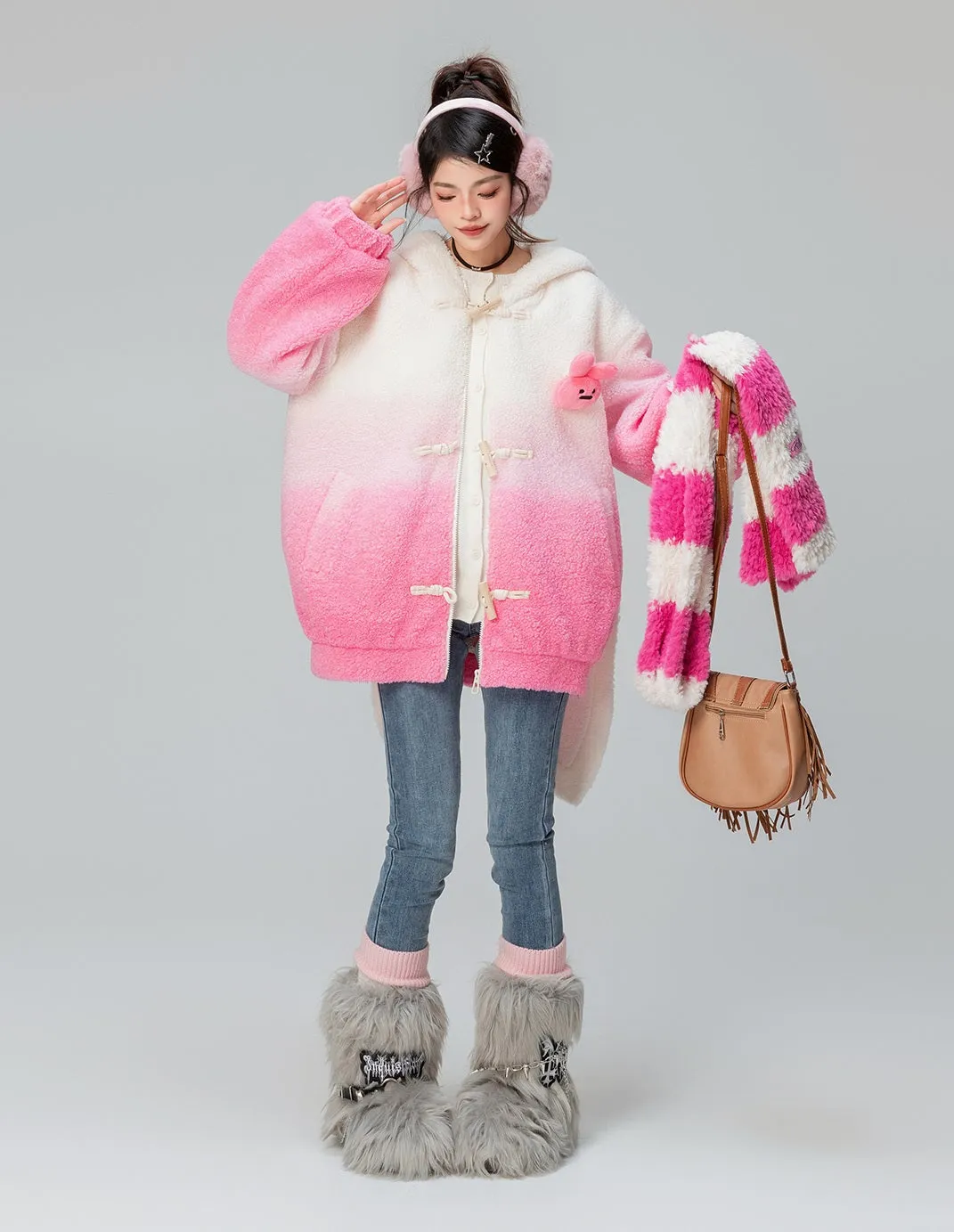 Lamb Gradient Pink White Hooded Jacket Winter Coat