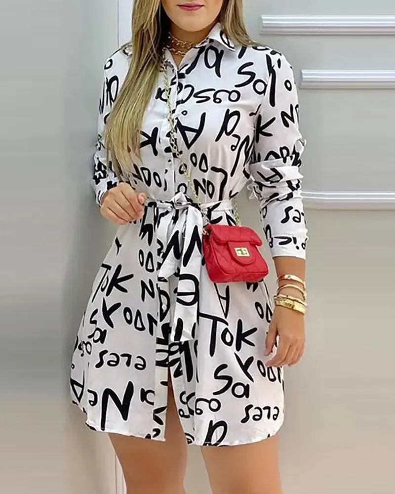 Letter Print Long Sleeve Casual Shirt Dress Women*