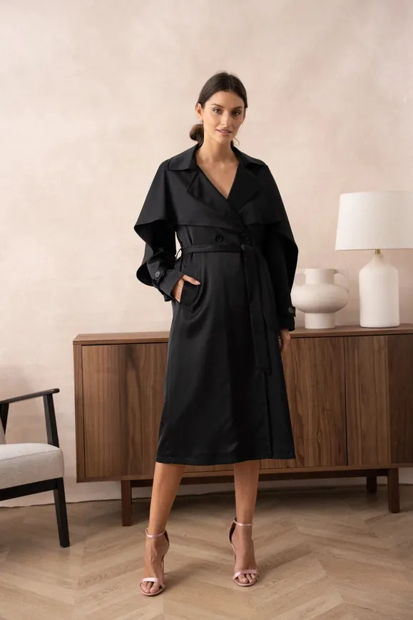 Long Satin Trench Coat with Belt Black