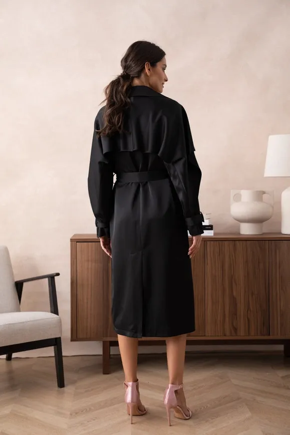 Long Satin Trench Coat with Belt Black