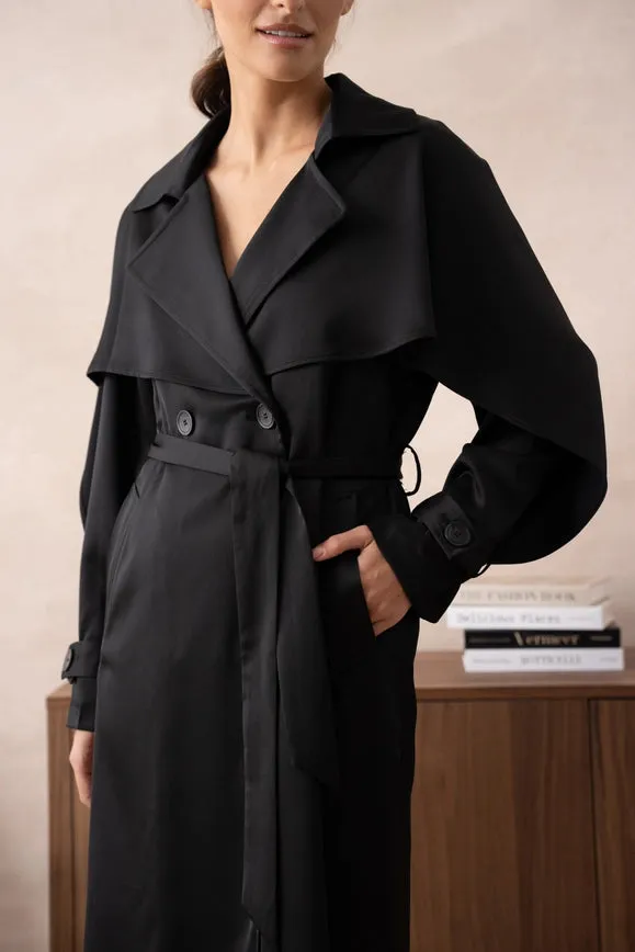 Long Satin Trench Coat with Belt Black