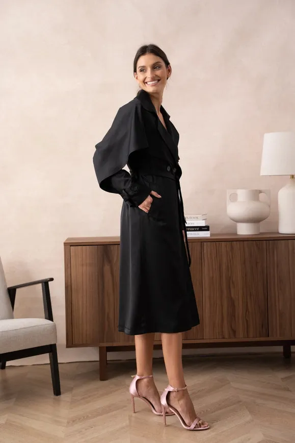 Long Satin Trench Coat with Belt Black