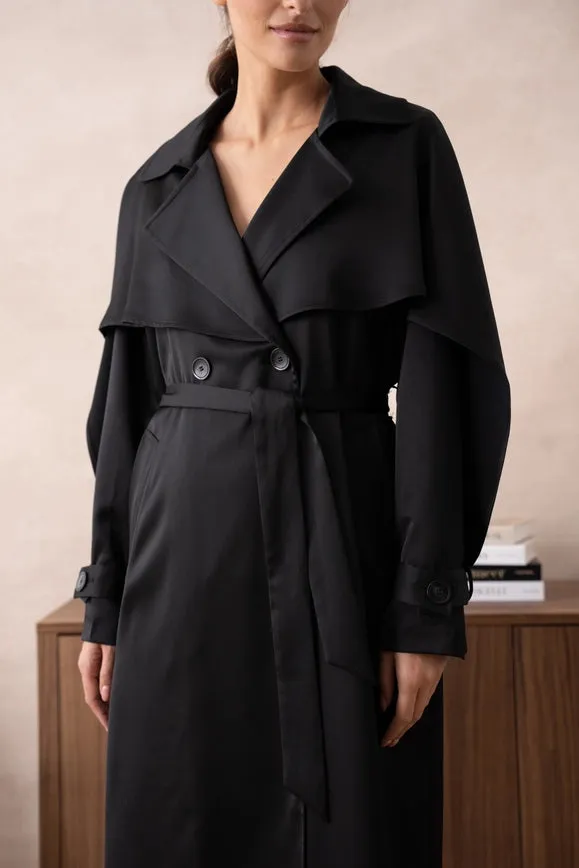 Long Satin Trench Coat with Belt Black