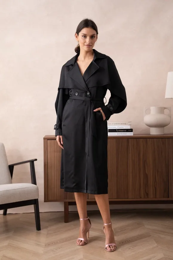 Long Satin Trench Coat with Belt Black