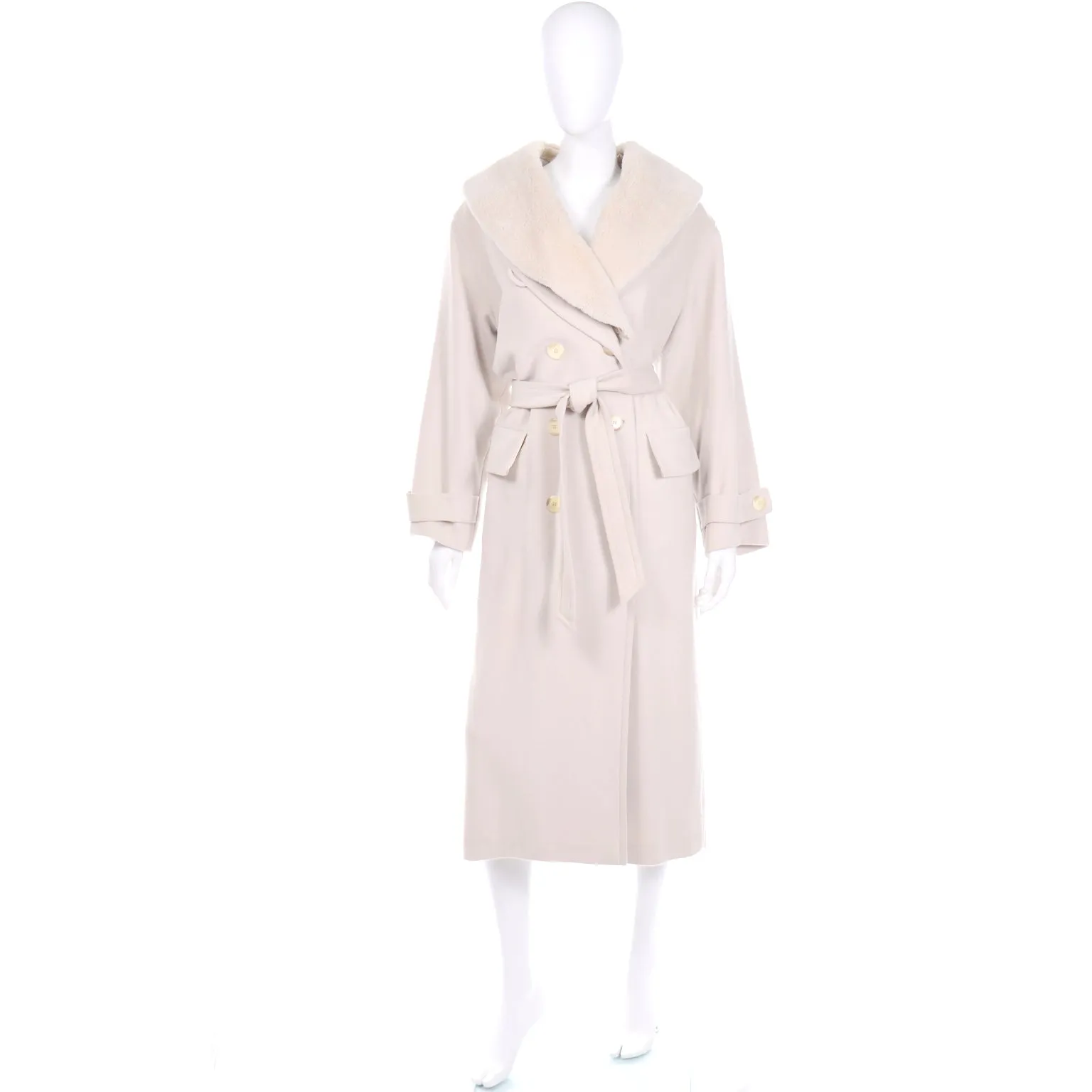 Louis Feraud Vintage Cream Cashmere Blend Coat W Removable Fur Collar