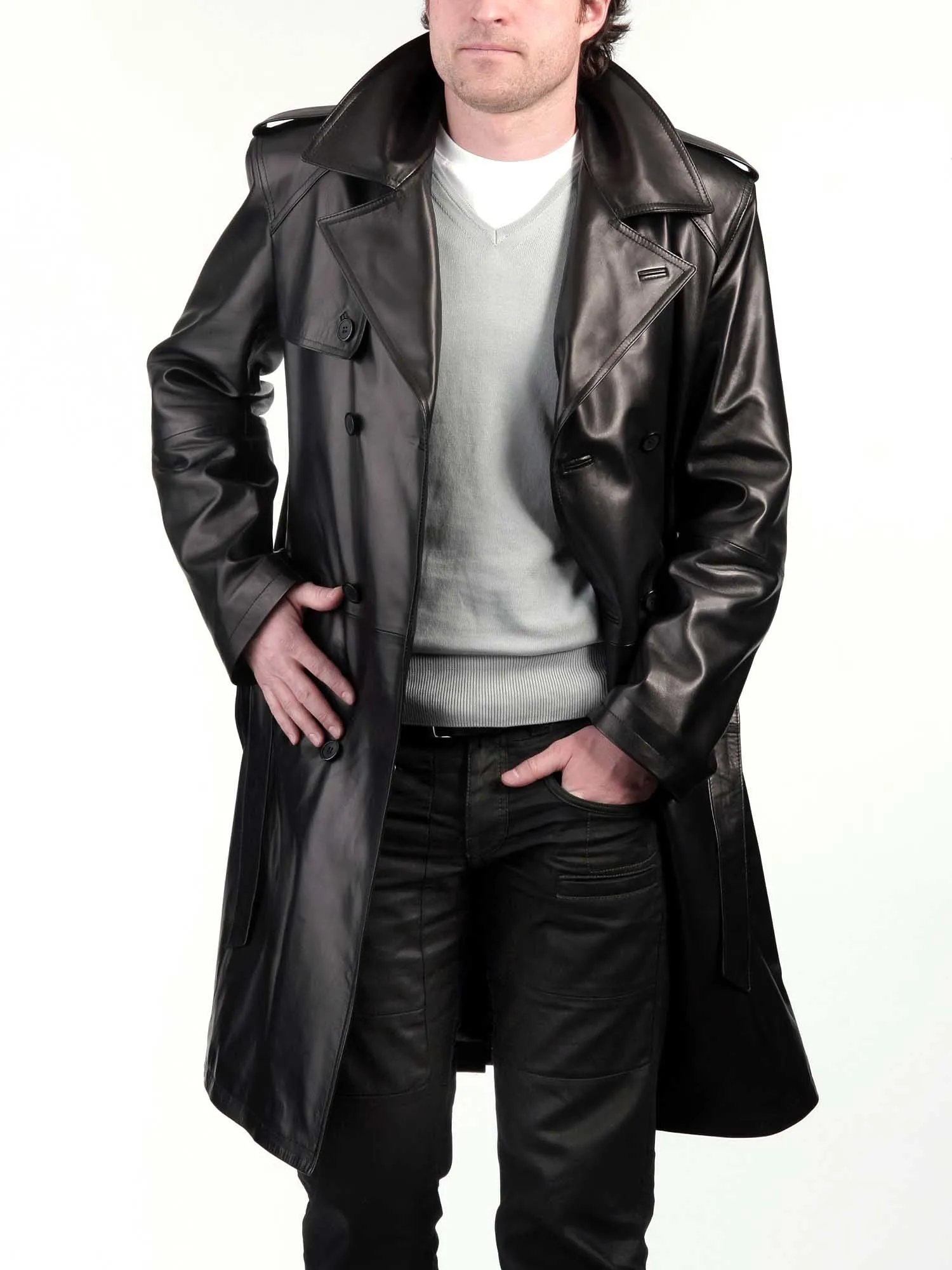 Men's Black Leather Knee Length Trench Coat MC01