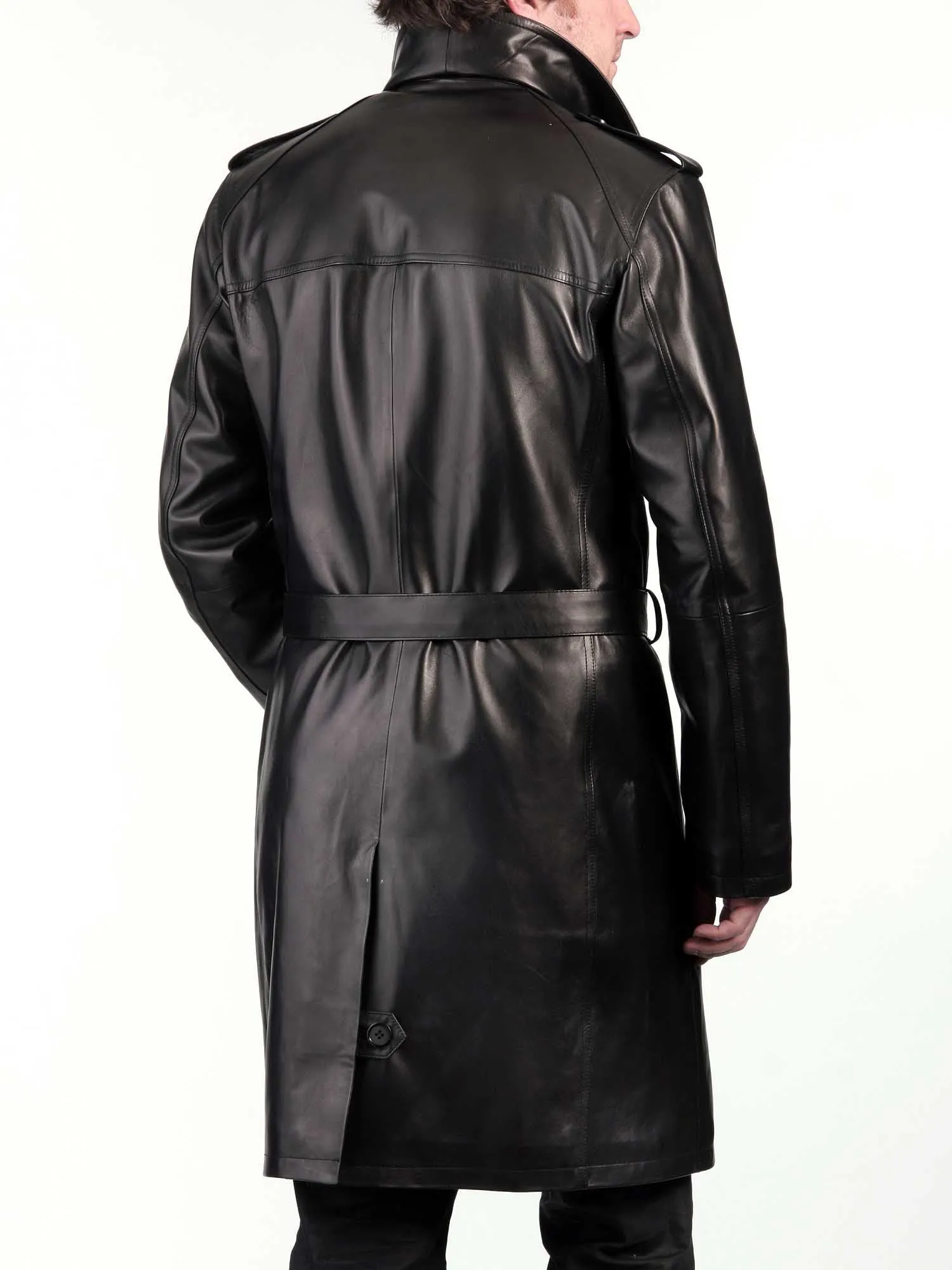 Men's Black Leather Knee Length Trench Coat MC01