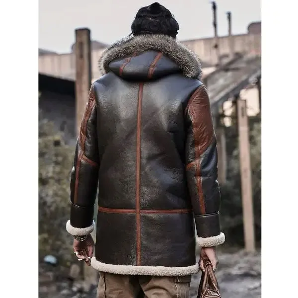 Men's Hooded Bomber Shearling Leather Jacket Trench Coat