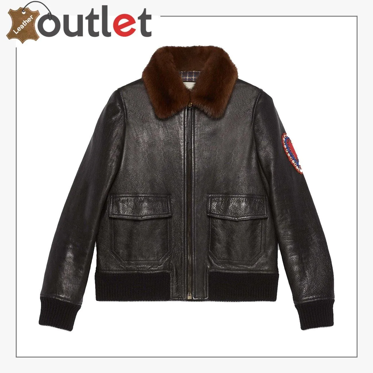 Mens Shearling Leather Bomber Jacket with Embroidery