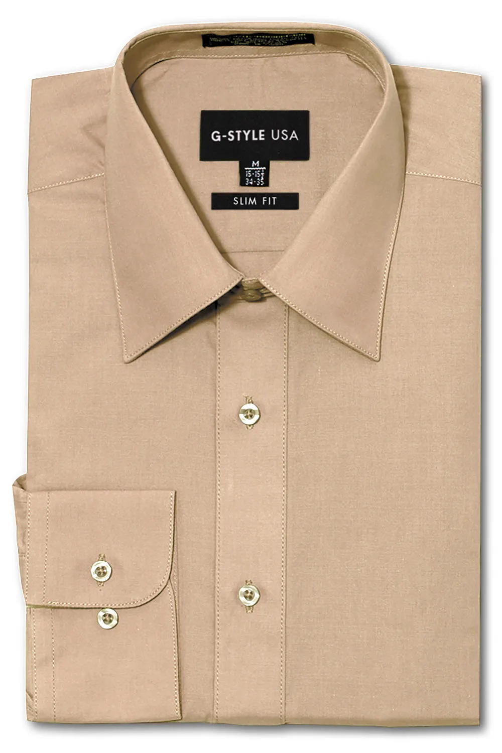 Men's Slim Fit Solid Color Dress Shirt (Beige)