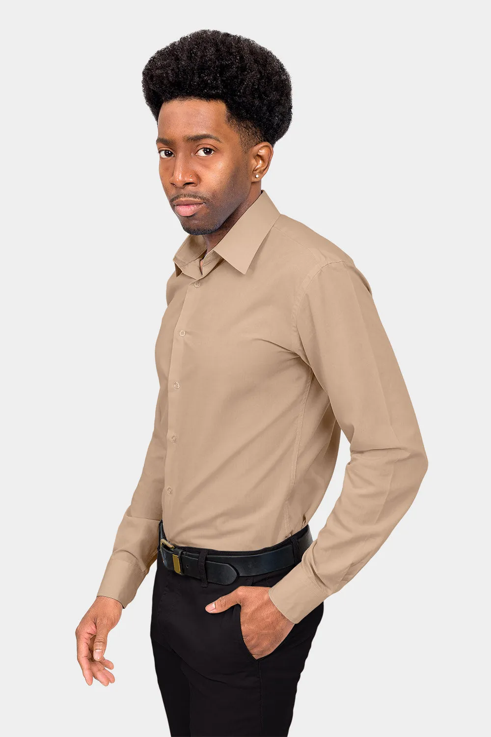 Men's Slim Fit Solid Color Dress Shirt (Beige)