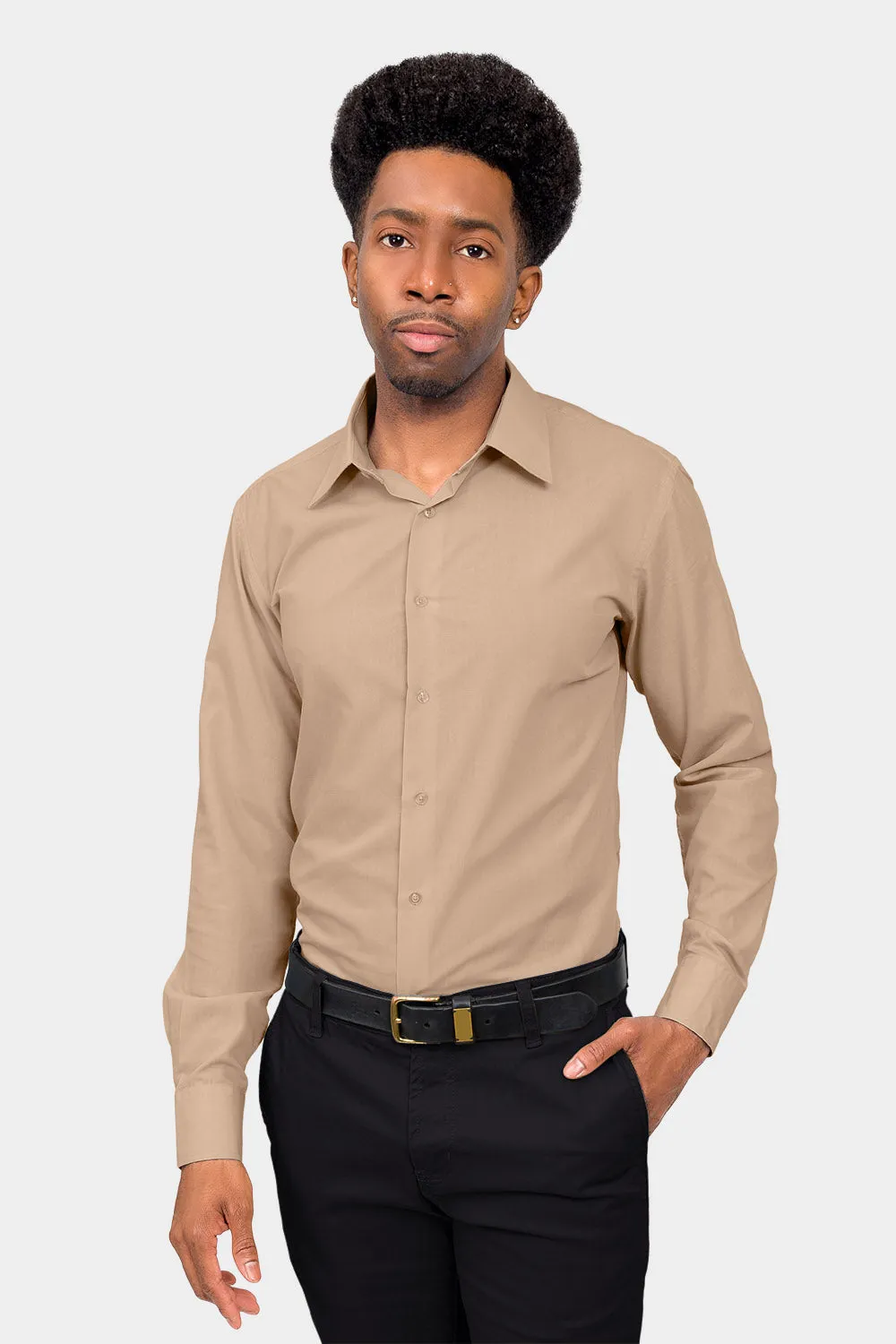 Men's Slim Fit Solid Color Dress Shirt (Beige)