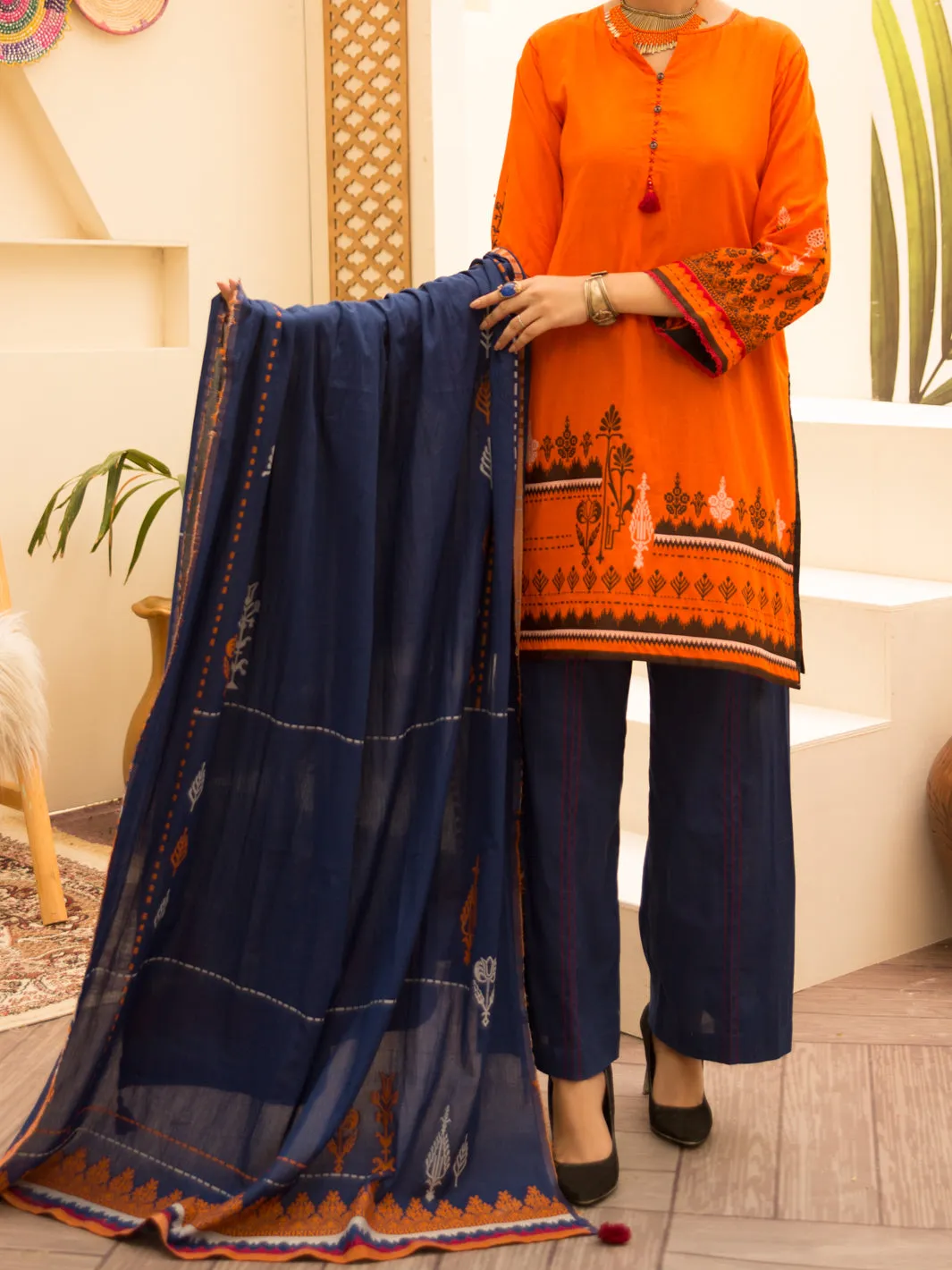 Orange Jacquard 3 Piece Stitched - ALP-3PS-1158