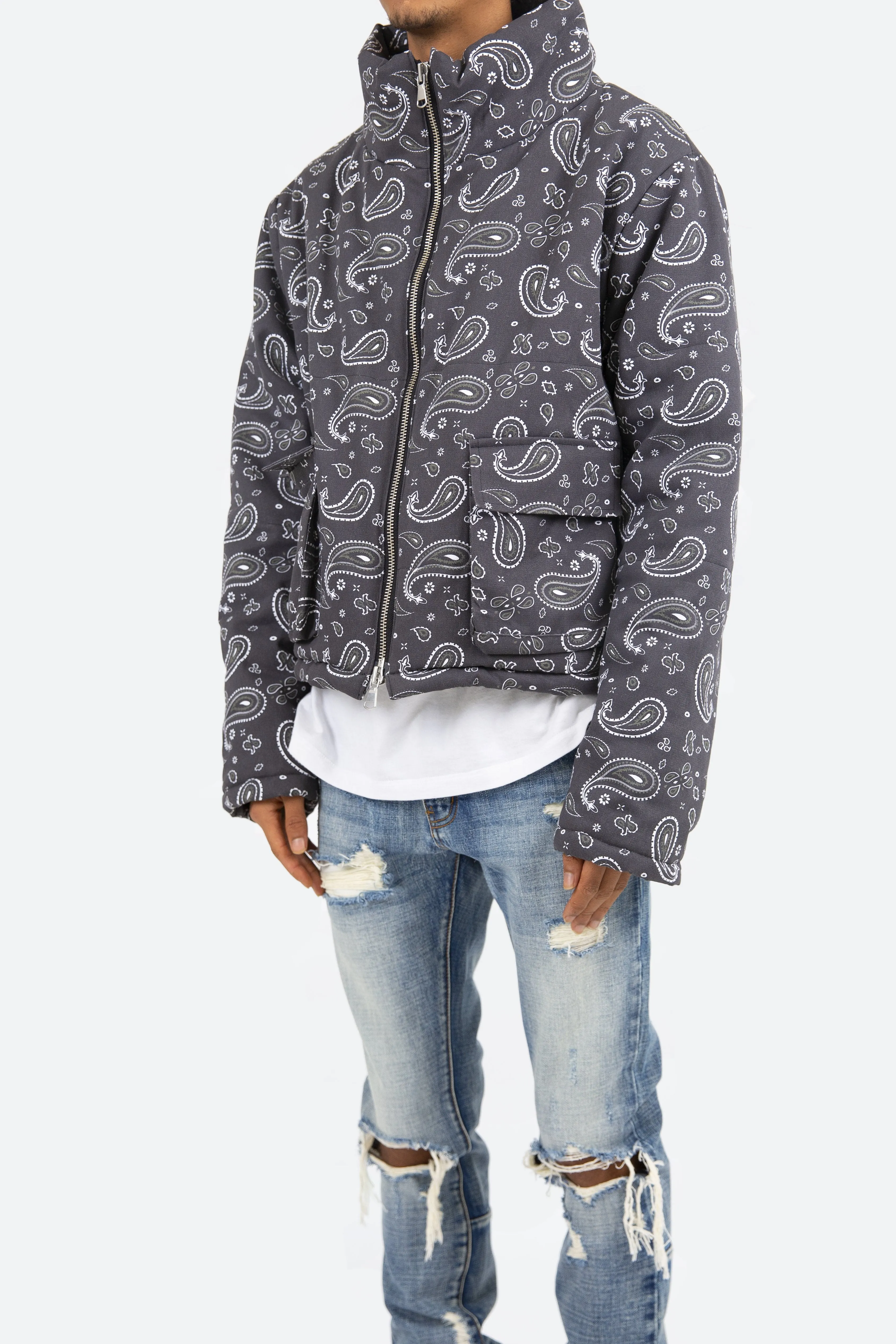 Paisley Cropped Puffer - Black