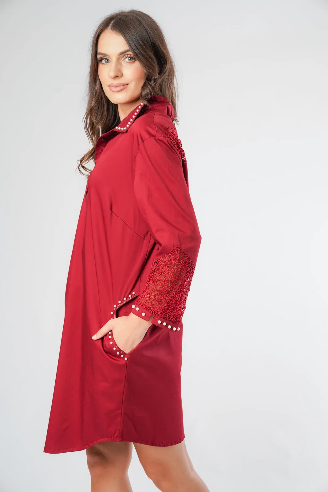 Pearl Rhinestone Trim Lace Insert Shirt Dress