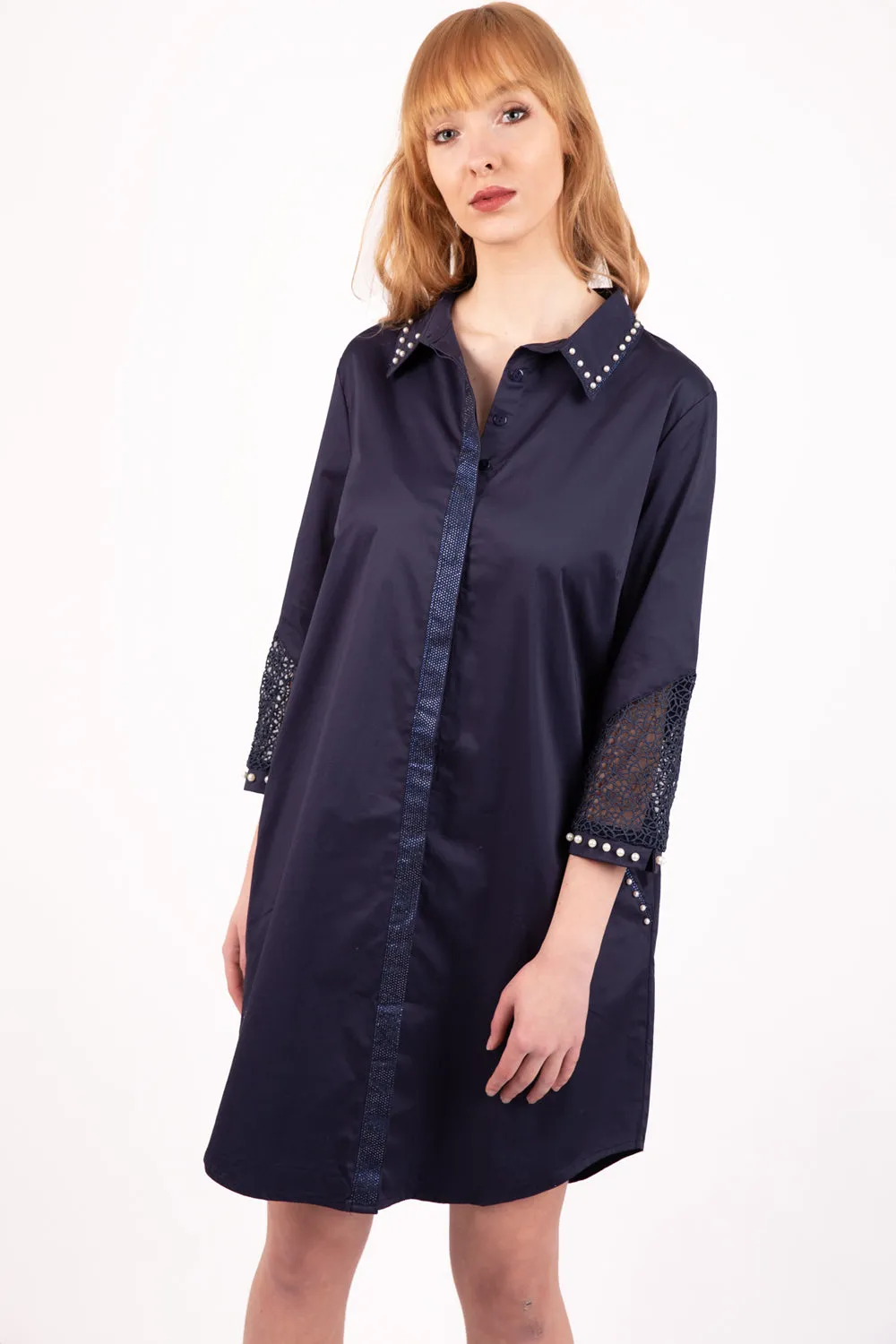 Pearl Rhinestone Trim Lace Insert Shirt Dress