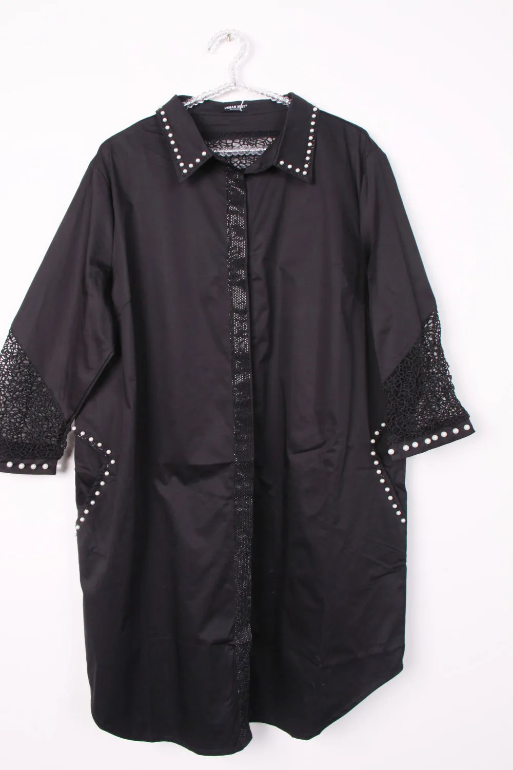 Pearl Rhinestone Trim Lace Insert Shirt Dress