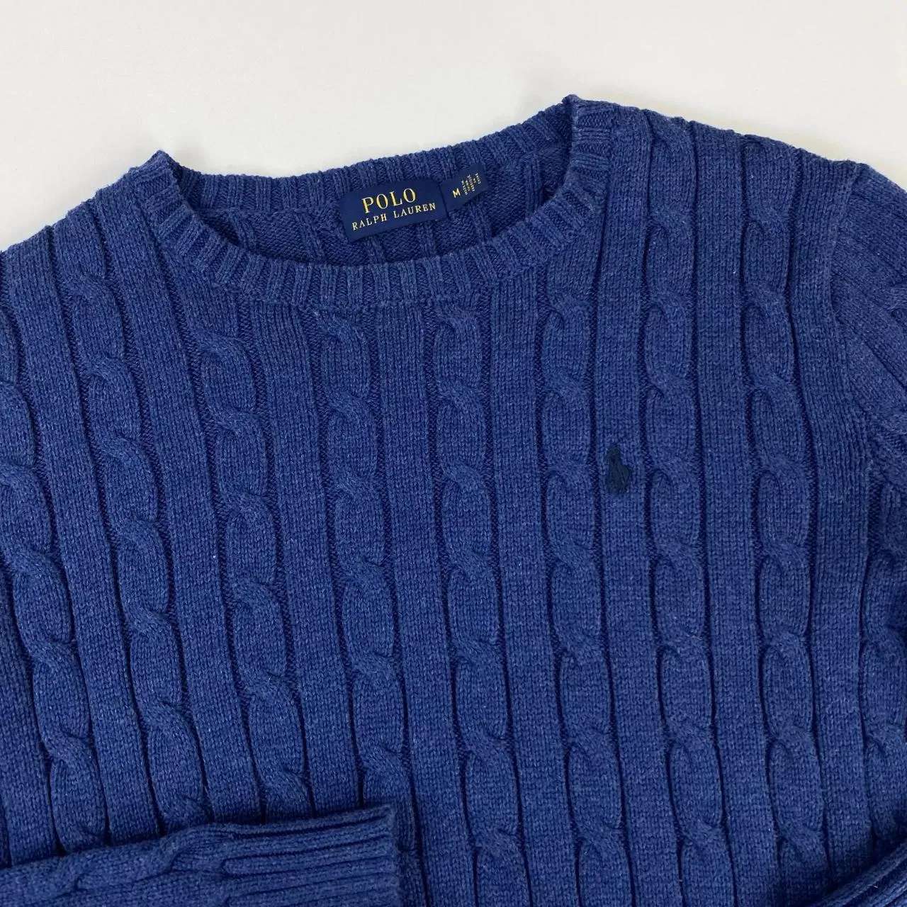 Polo Ralph Lauren Womens Cable-Knit Jumper Size M Blue Crewneck Sweater Logo.