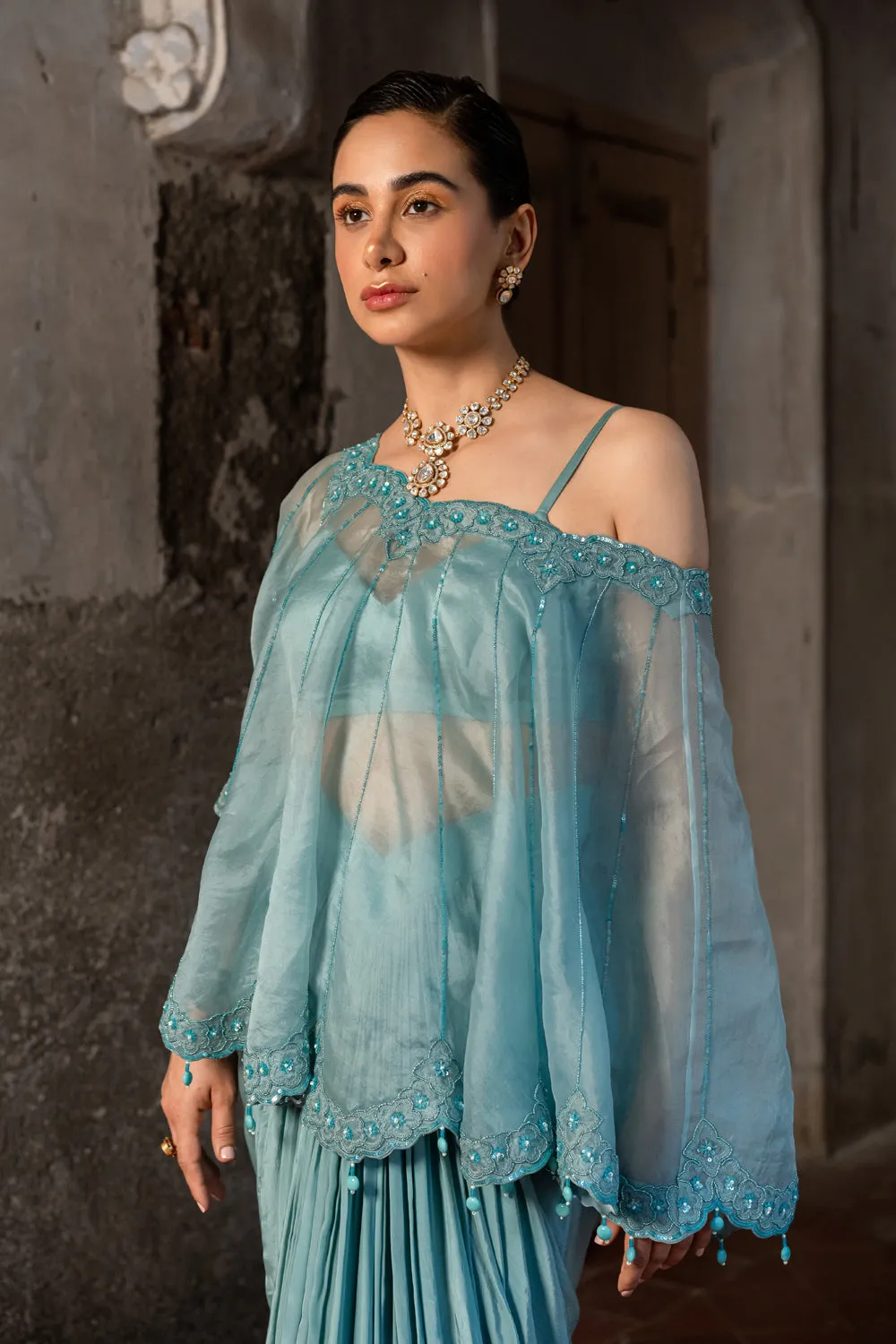 Powder Blue Embroidered Cape & Draped Skirt Set