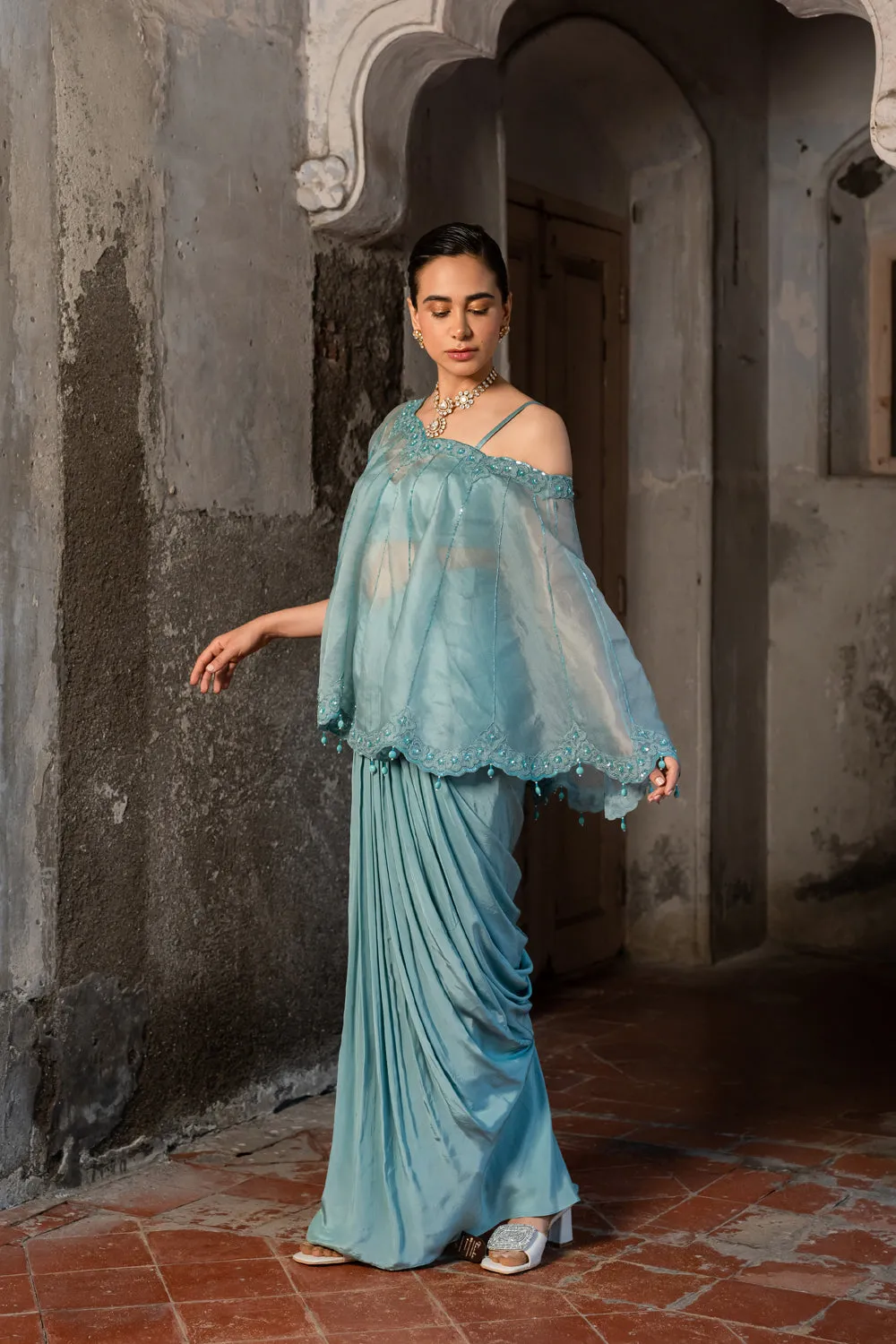 Powder Blue Embroidered Cape & Draped Skirt Set