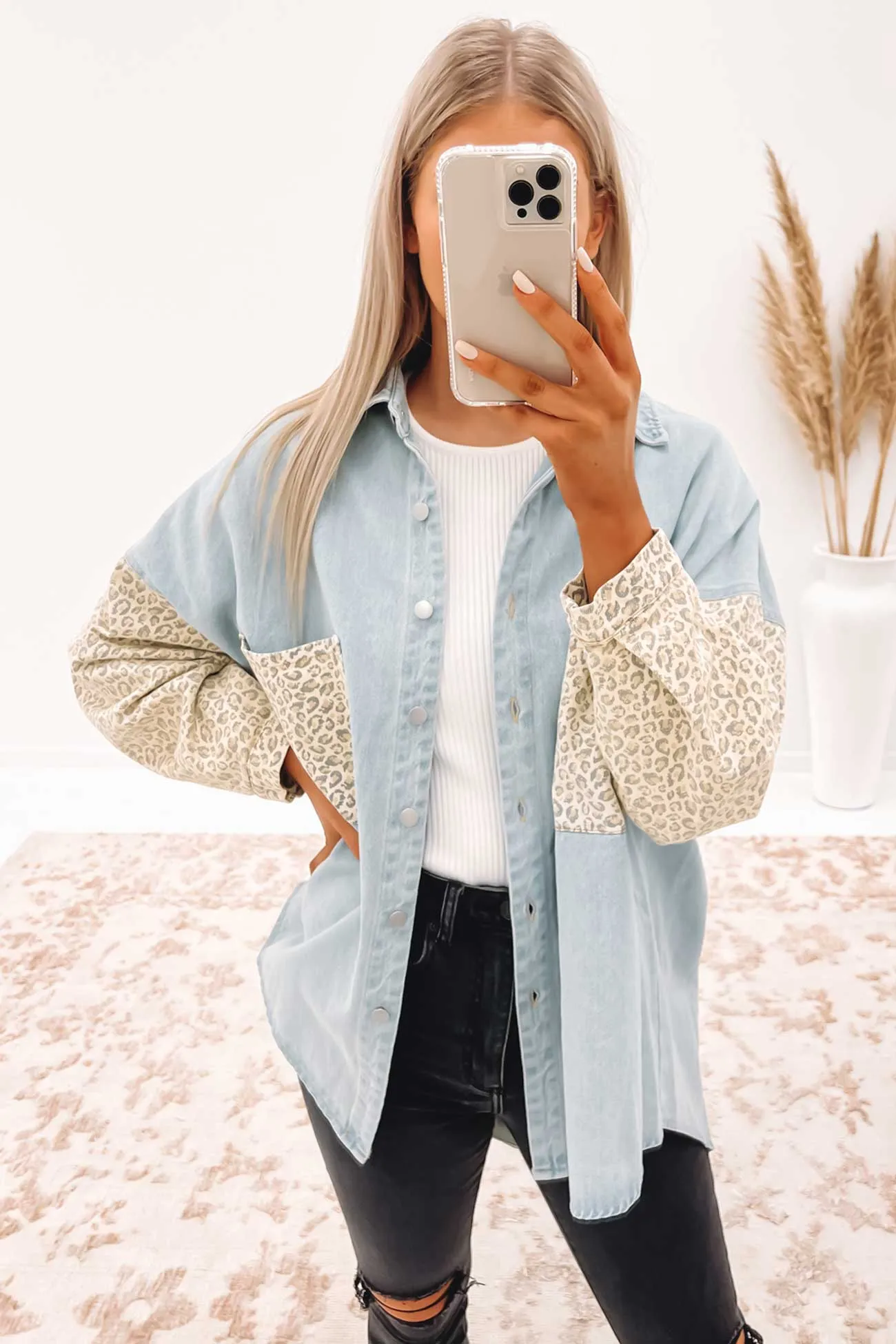 Raelynn Denim Shacket Light Blue Leopard