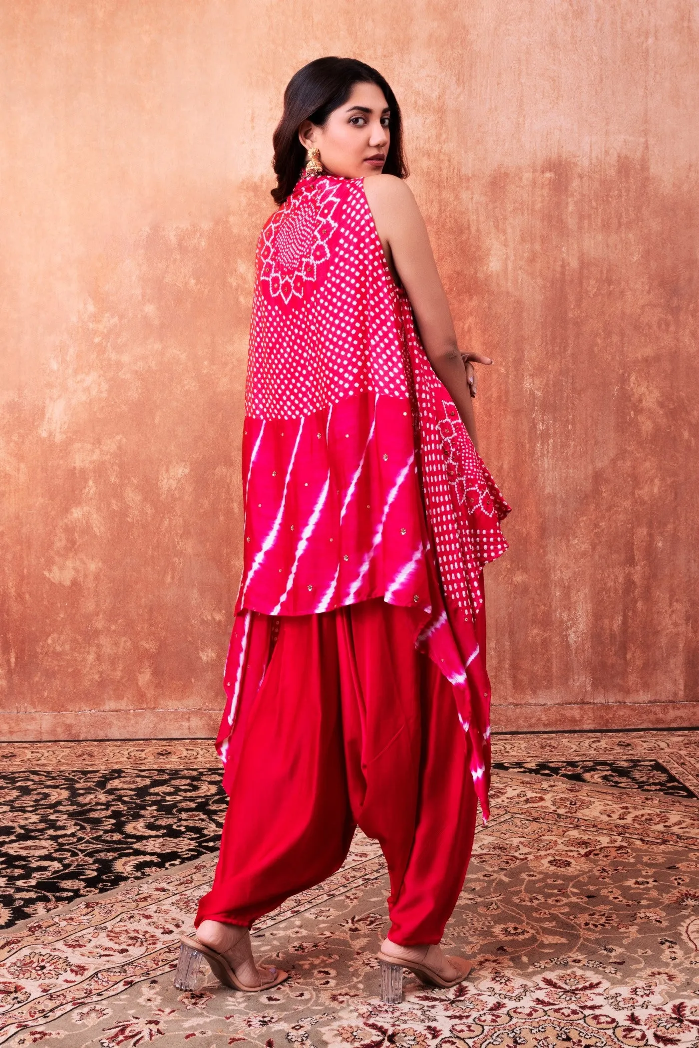 Red Bandhej Printed Embellished Cape Set