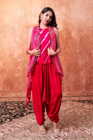 Red Bandhej Printed Embellished Cape Set