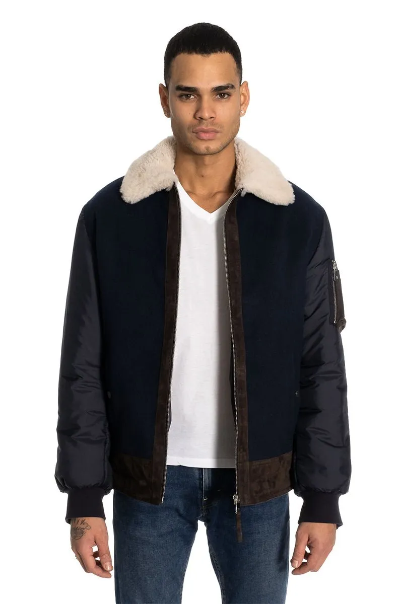 Robert Men's Aviator Wool Jacket - Navy Blue