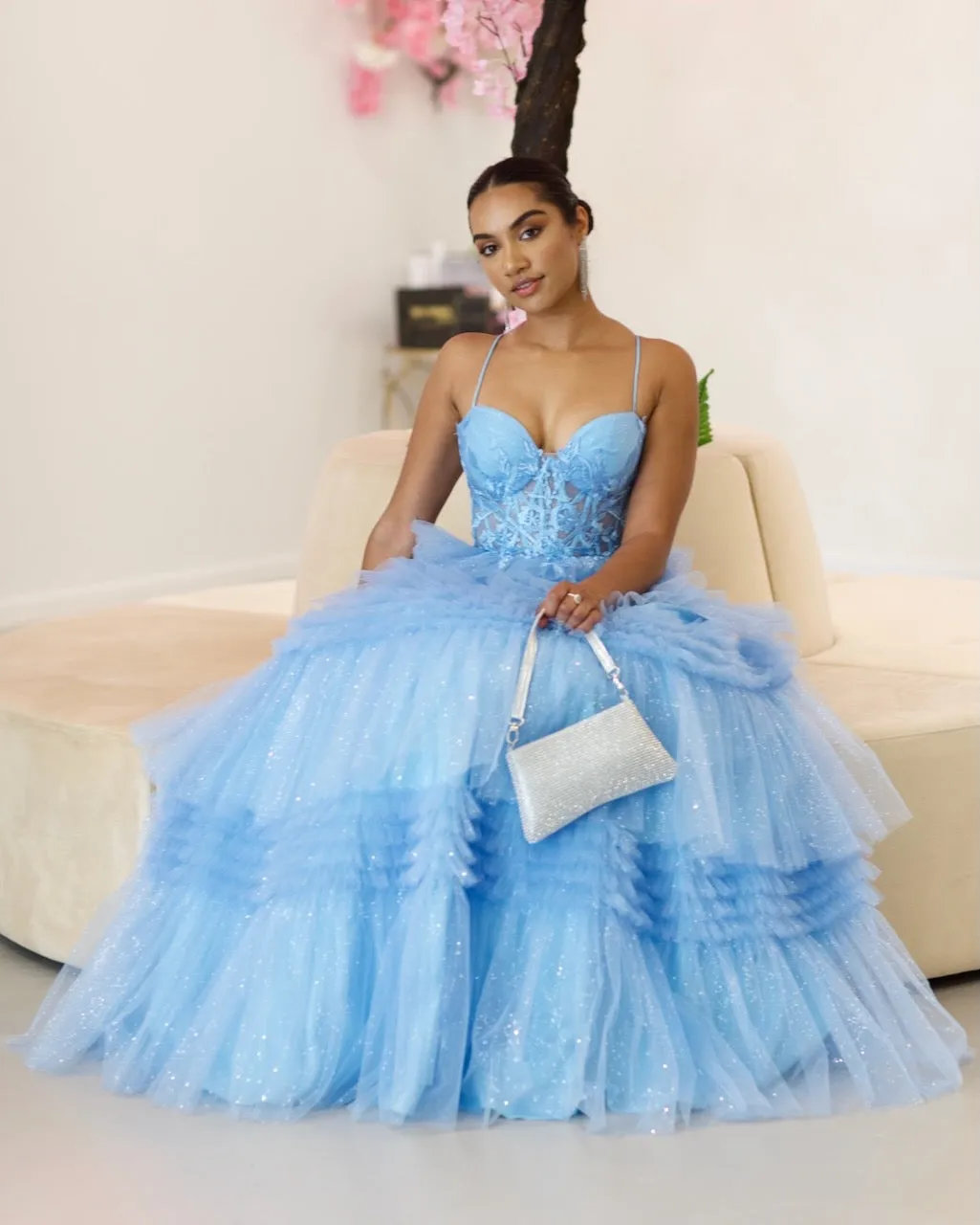 Rosamund Layered Tulle Gown - Dusty Blue