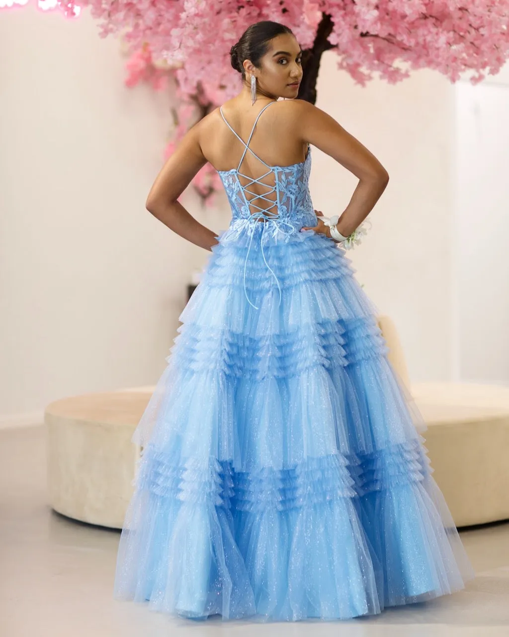 Rosamund Layered Tulle Gown - Dusty Blue