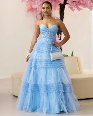 Rosamund Layered Tulle Gown - Dusty Blue