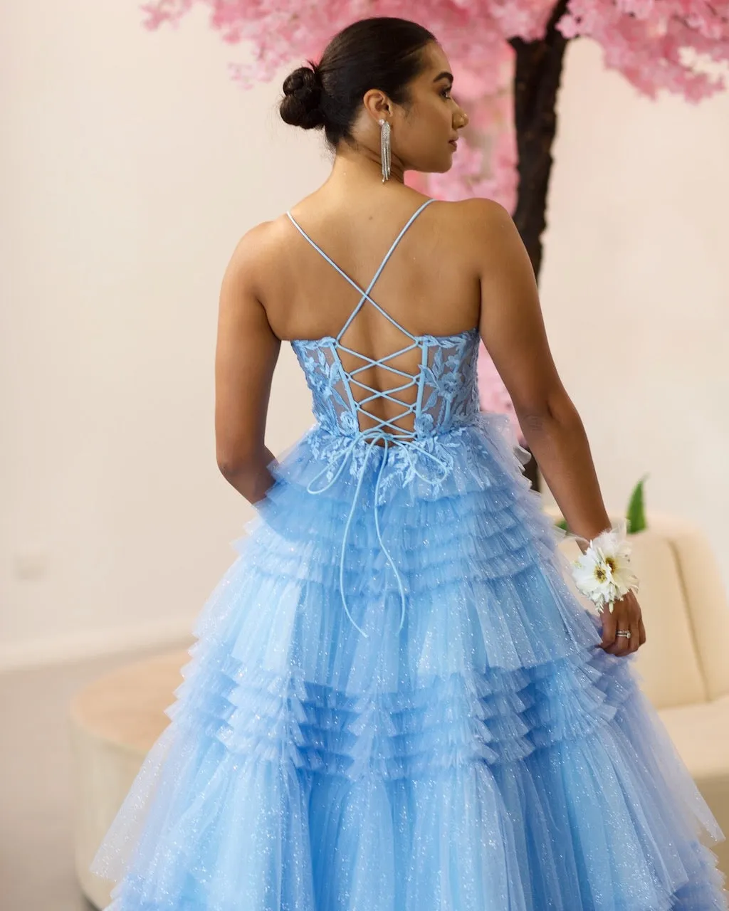 Rosamund Layered Tulle Gown - Dusty Blue