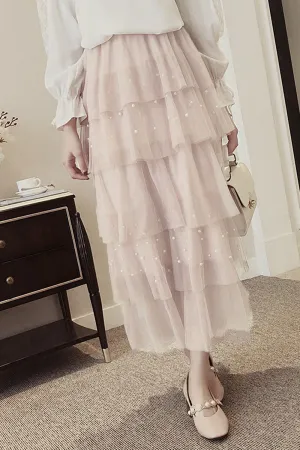 Ruffles Pearls Beading Mesh Tulle Long Skirt