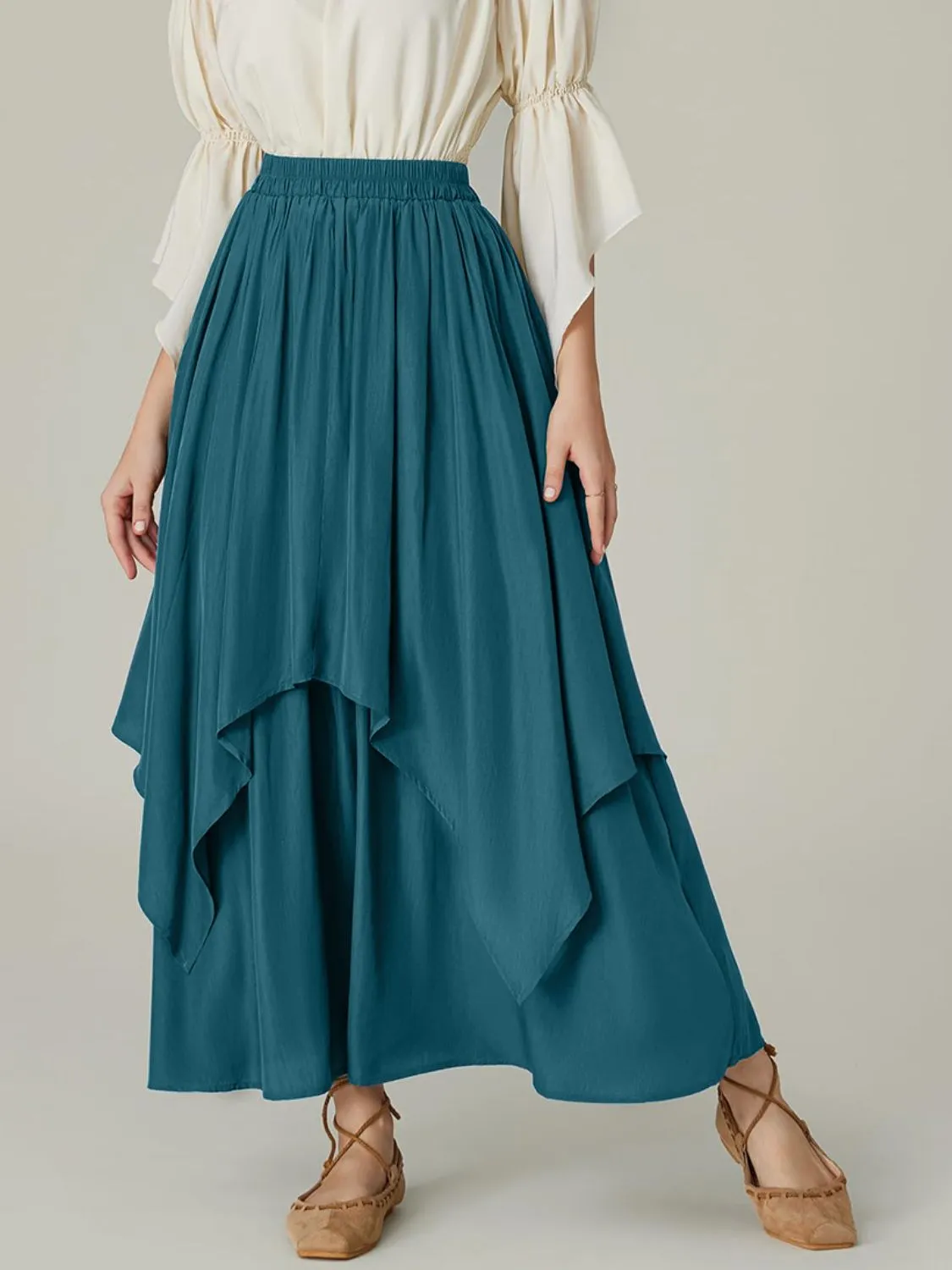 Smocked Waist Band Ruched Layered Skirt