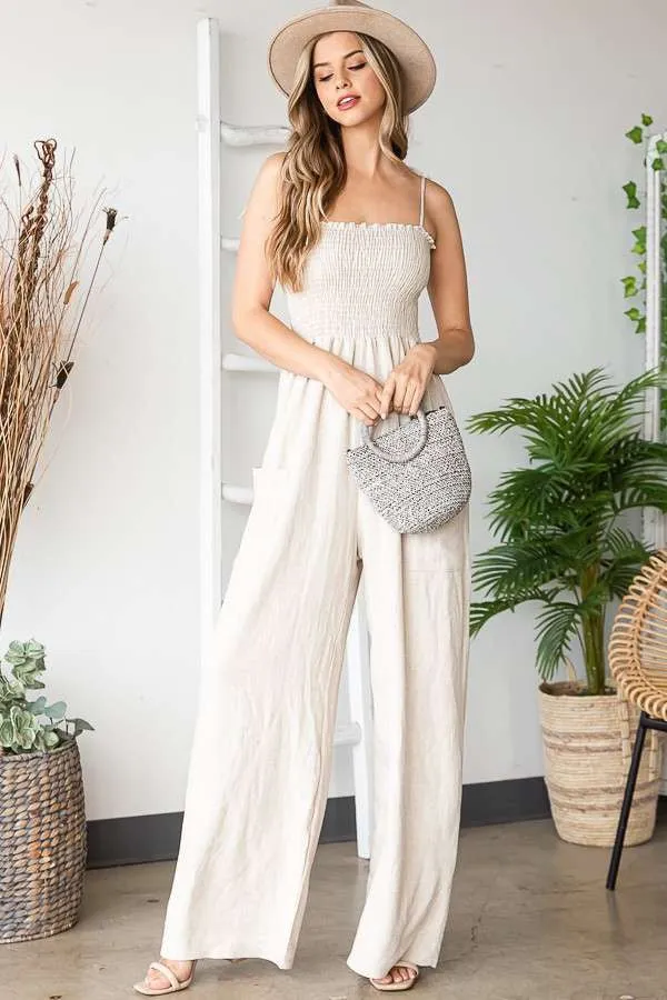 SOLID LINEN OATMEAL SMOCKED JUMPSUITS