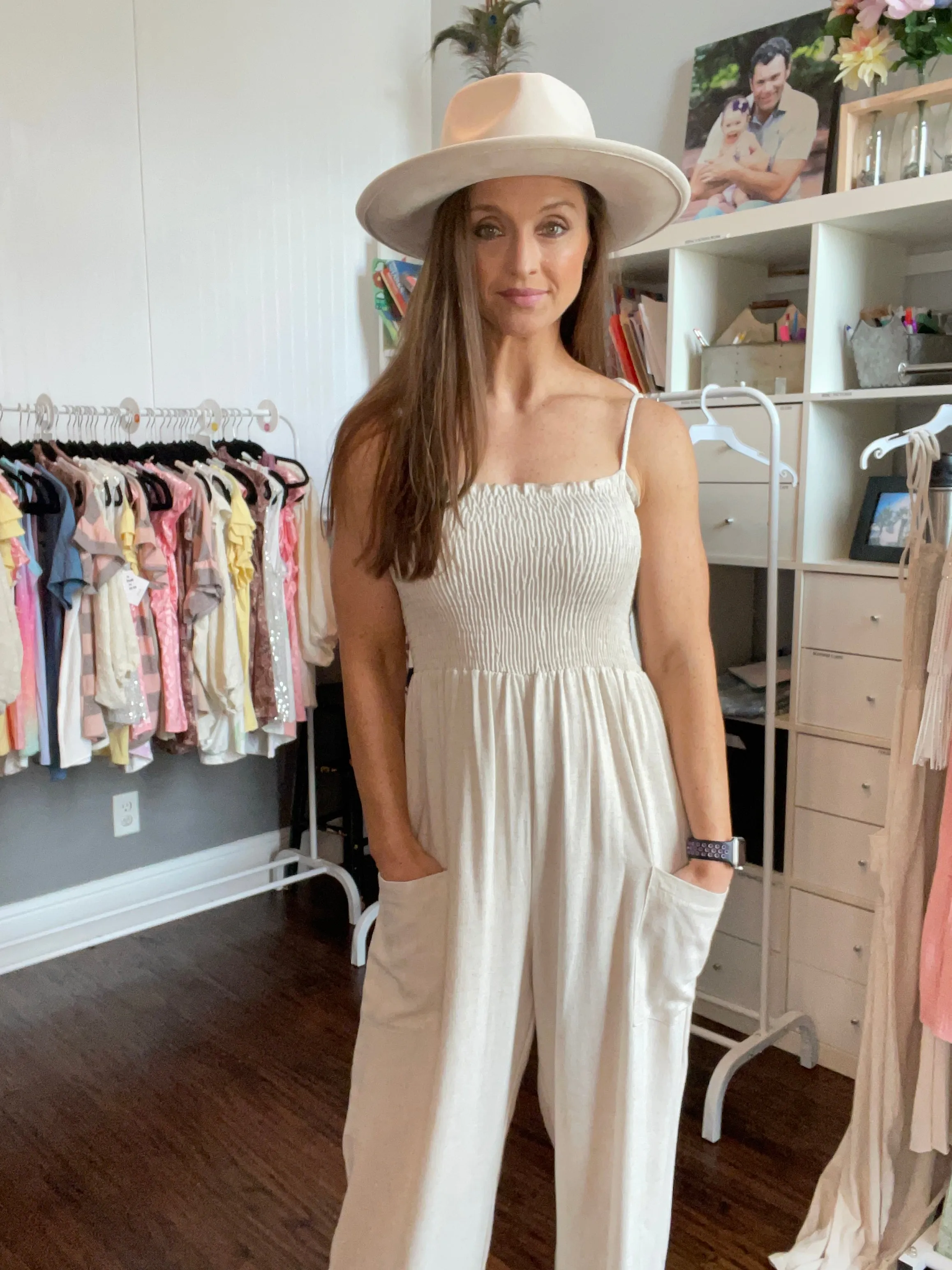 SOLID LINEN OATMEAL SMOCKED JUMPSUITS