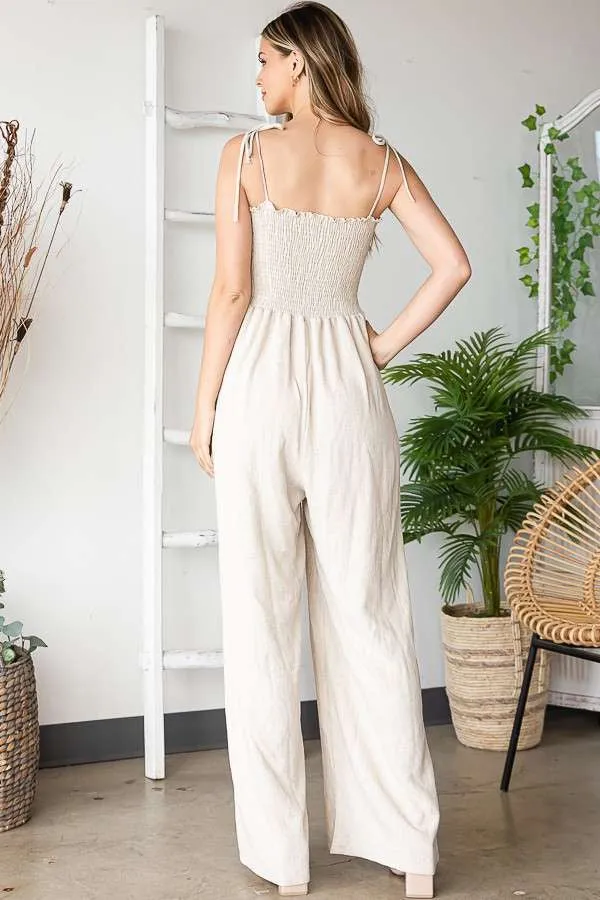 SOLID LINEN OATMEAL SMOCKED JUMPSUITS