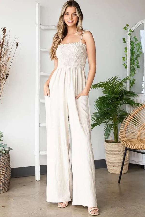 SOLID LINEN OATMEAL SMOCKED JUMPSUITS